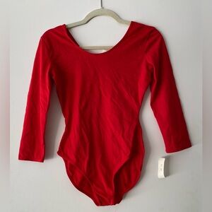 Vintage NWT Danskin Long Sleeve Red Nylon Leotard Full Fashioned Scoop Neck